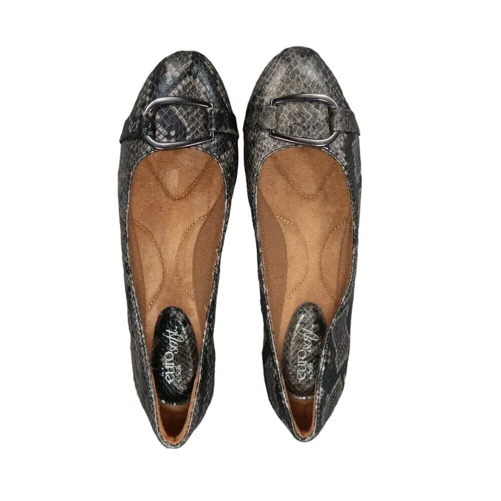 EuroSoft Shoes Womens 8.5 Flats Fashion Ballet Beverly Dark Grey Snake Career